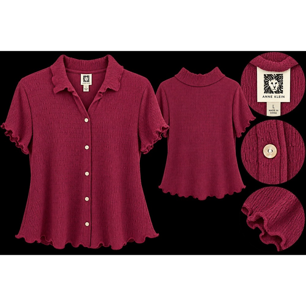 NWT Anne Klein Burgundy Textured Button Front Blouse Women L Burgundy Chianti